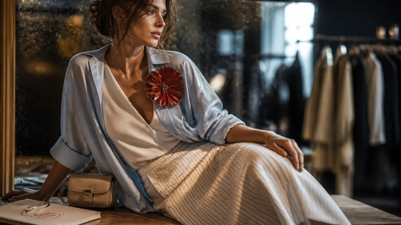 Style vestimentaire 2026 : robe fluide et accessoires forts, broche rouge, mini-bag beige
