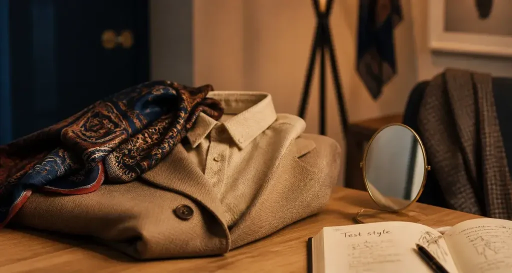 Test style vestimentaire : blazer beige, chemise crème, foulard en intérieur