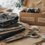 Coups de tissus seconde main, coupons et mètre sur table