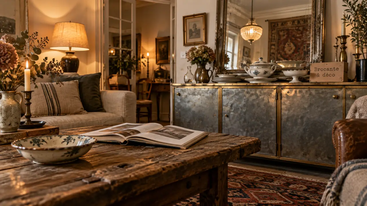 Brocante et déco : intérieur avec miroir biseauté et vaisselle vintage