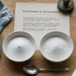 Différence entre bicarbonate et percarbonate : poudre en bols, bicarbonate et percarbonate