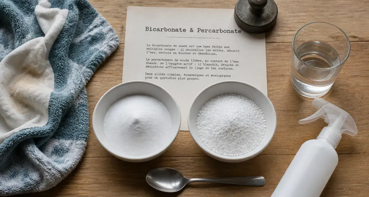 Différence entre bicarbonate et percarbonate : poudre en bols, bicarbonate et percarbonate