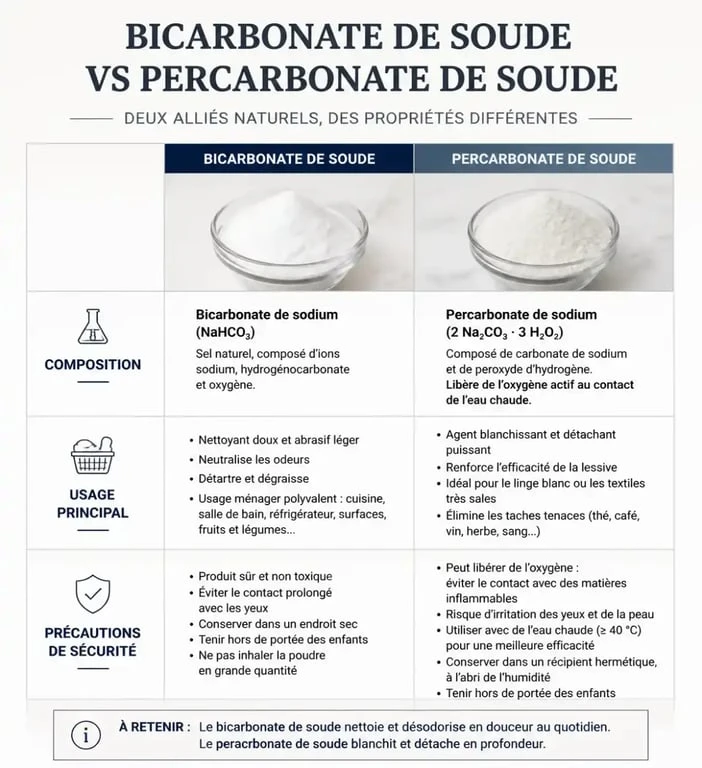 Infographie comparative : différence entre bicarbonate et percarbonate de soude pour le ménage