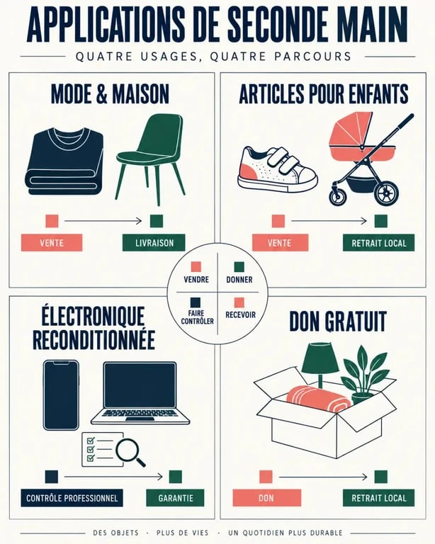 Infographie comparative des applications de seconde main selon les catégories et les usages