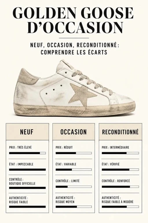 Golden Goose seconde main : comparatif visuel entre neuf, occasion et reconditionné