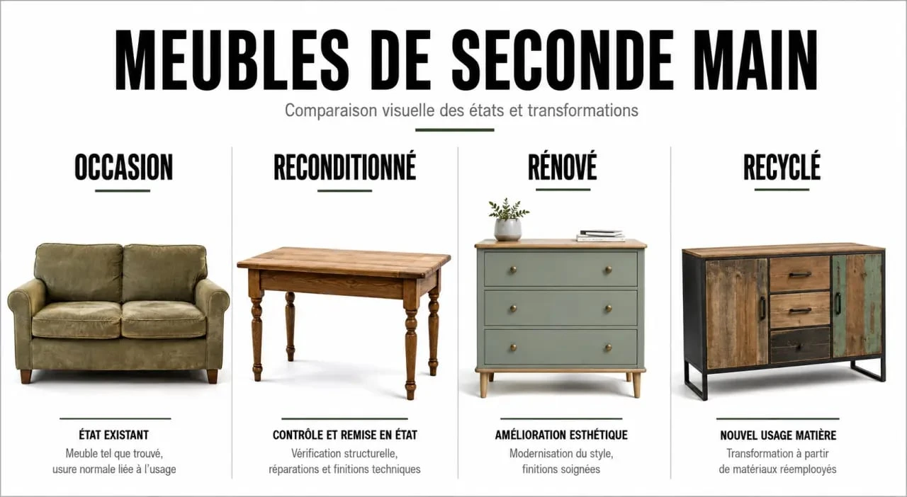 Seconde main meubles : comparaison visuelle entre occasion, reconditionné, rénové et recyclé