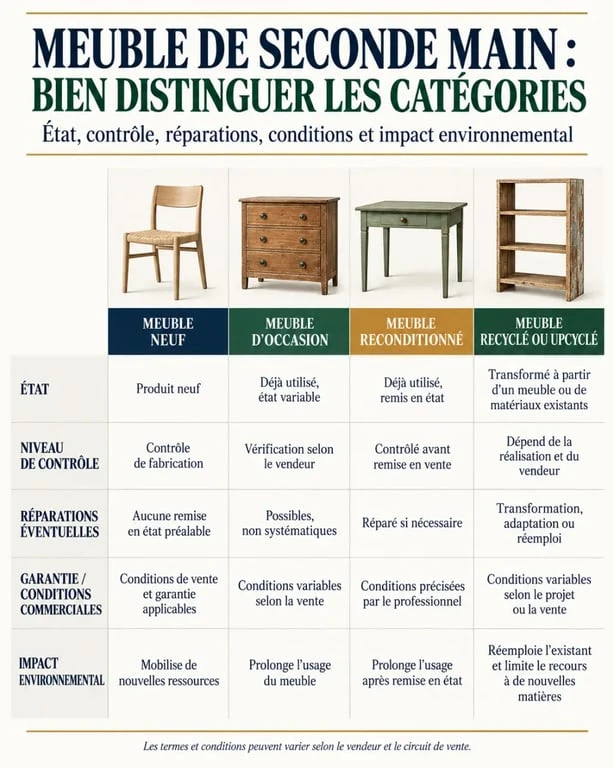 Infographie comparative des catégories de meuble de seconde main : neuf, occasion, reconditionné et recyclé
