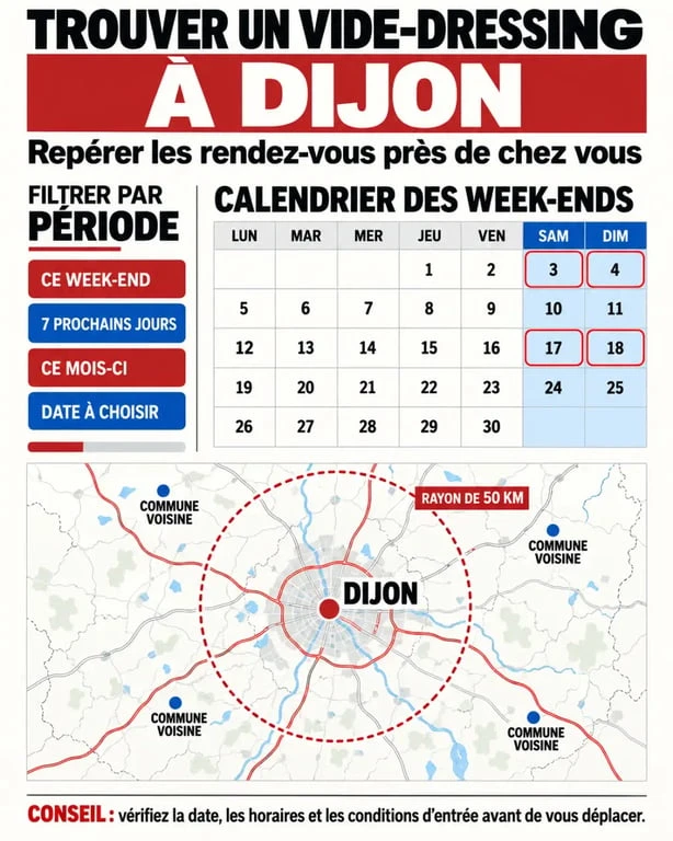 Infographie pour trouver un vide-dressing Dijon selon la date et la distance