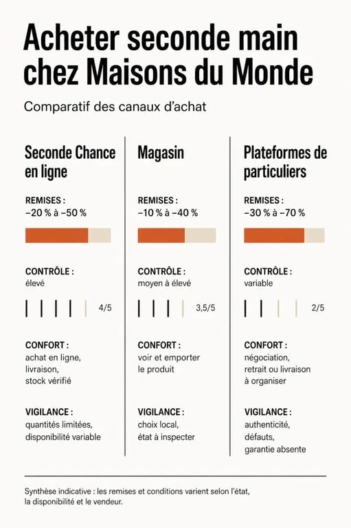 Maison du monde seconde main : comparaison visuelle des remises et des points de vigilance selon le canal d’achat