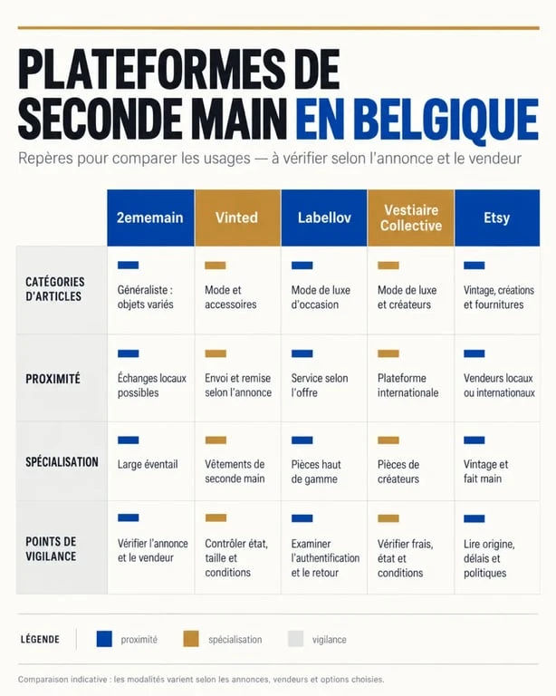 Tableau visuel des plateformes de seconde main en Belgique selon les catégories et les usages