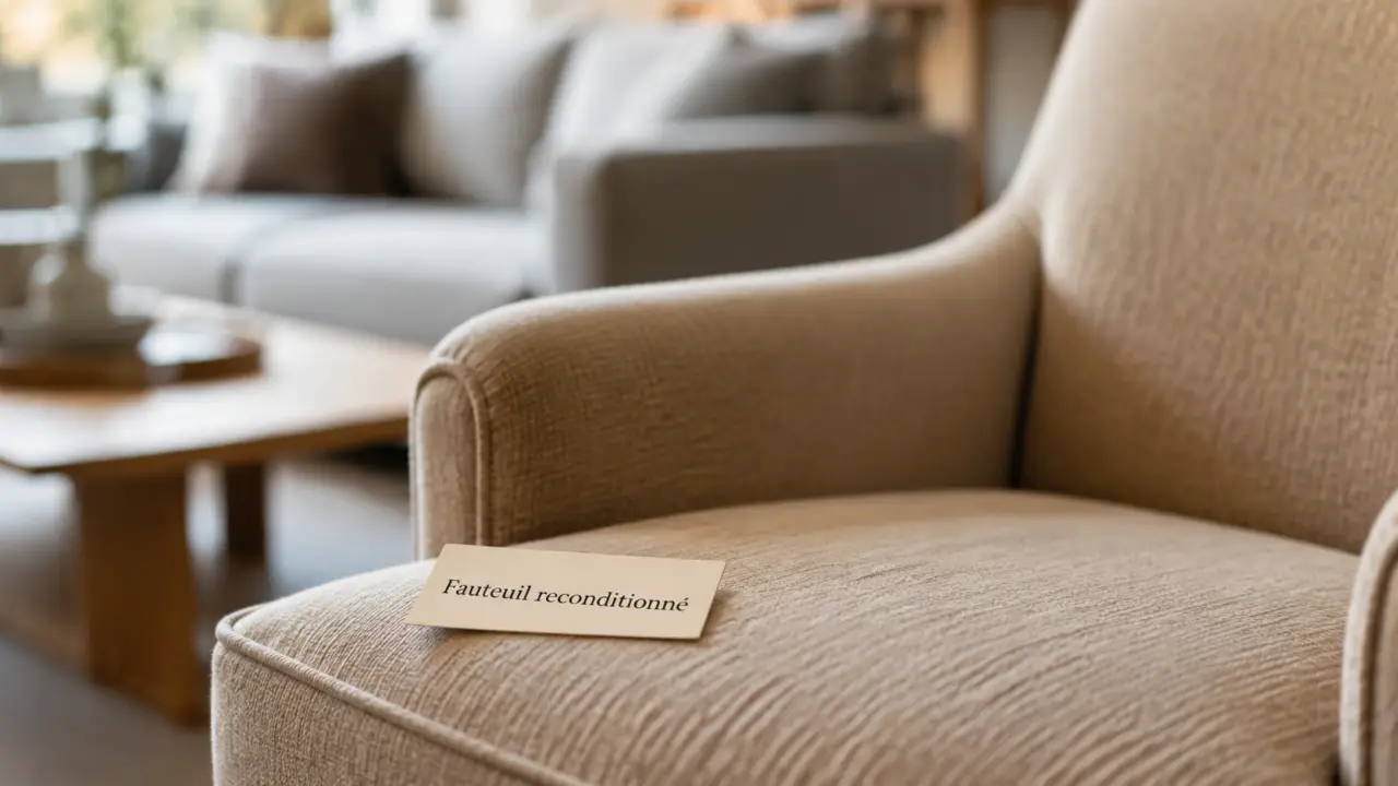 Fauteuil seconde main reconditionné, fauteuil d’occasion en tissu beige
