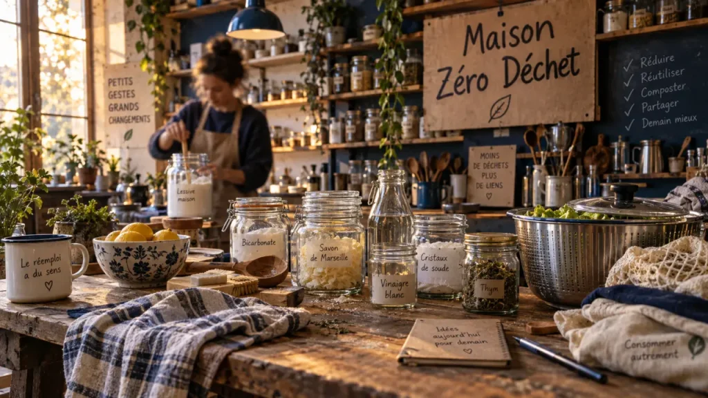 La galerie du zéro déchet à Nantes, atelier maison témoin, table zéro déchet et bocaux en verre