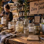 La galerie du zéro déchet à Nantes, atelier maison témoin, table zéro déchet et bocaux en verre