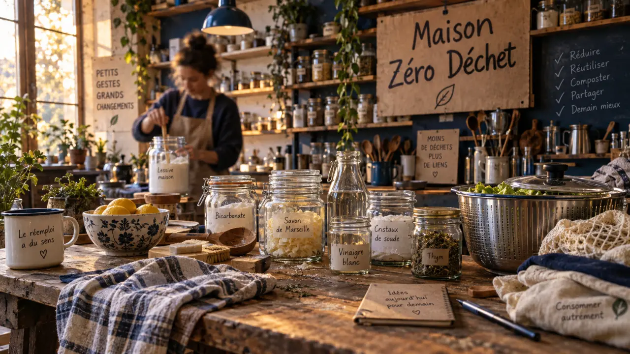 La galerie du zéro déchet à Nantes, atelier maison témoin, table zéro déchet et bocaux en verre