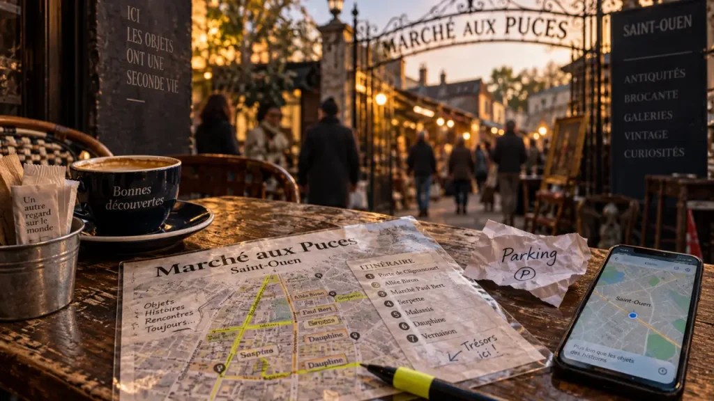 Map marché aux puces de paris saint-ouen, itinéraire sur smartphone et papier plastifié dans un café
