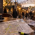 Map marché aux puces de paris saint-ouen, itinéraire sur smartphone et papier plastifié dans un café