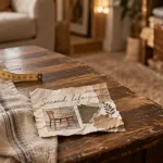 Meuble de seconde main : table en bois patinée avec mètre ruban et fiche produit.