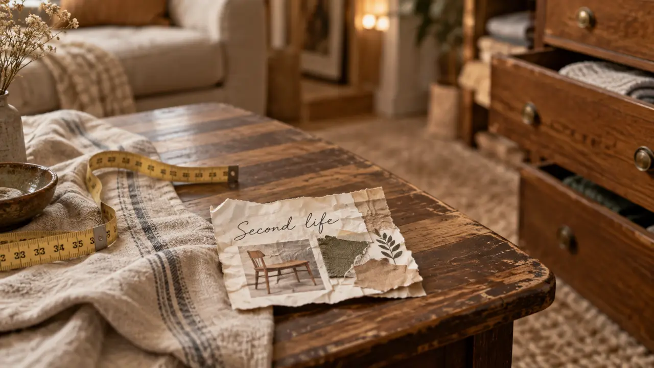 Meuble de seconde main : table en bois patinée avec mètre ruban et fiche produit.