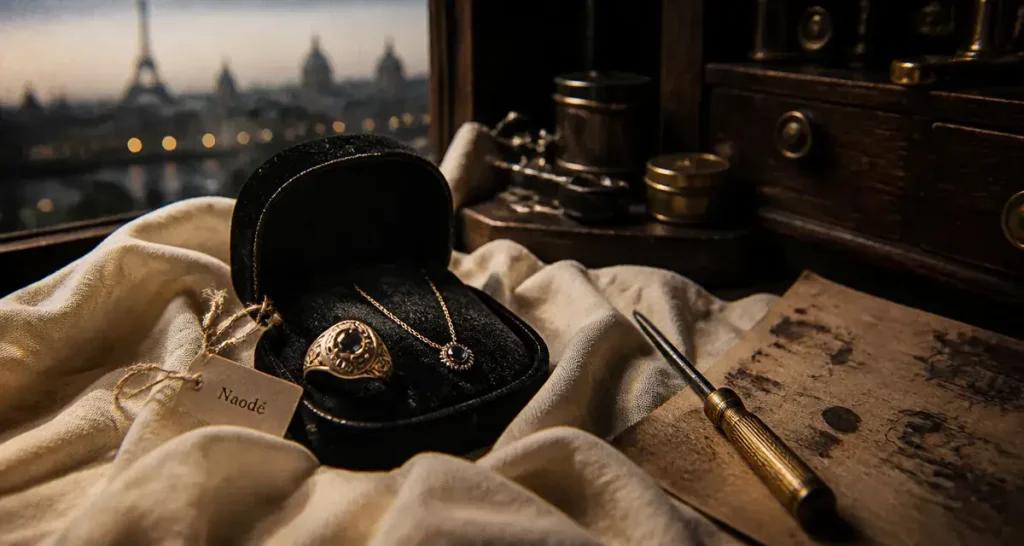 Naodé et Jollia i bijoux fantaisie de créateurs : écrin velours, bague et collier, Paris