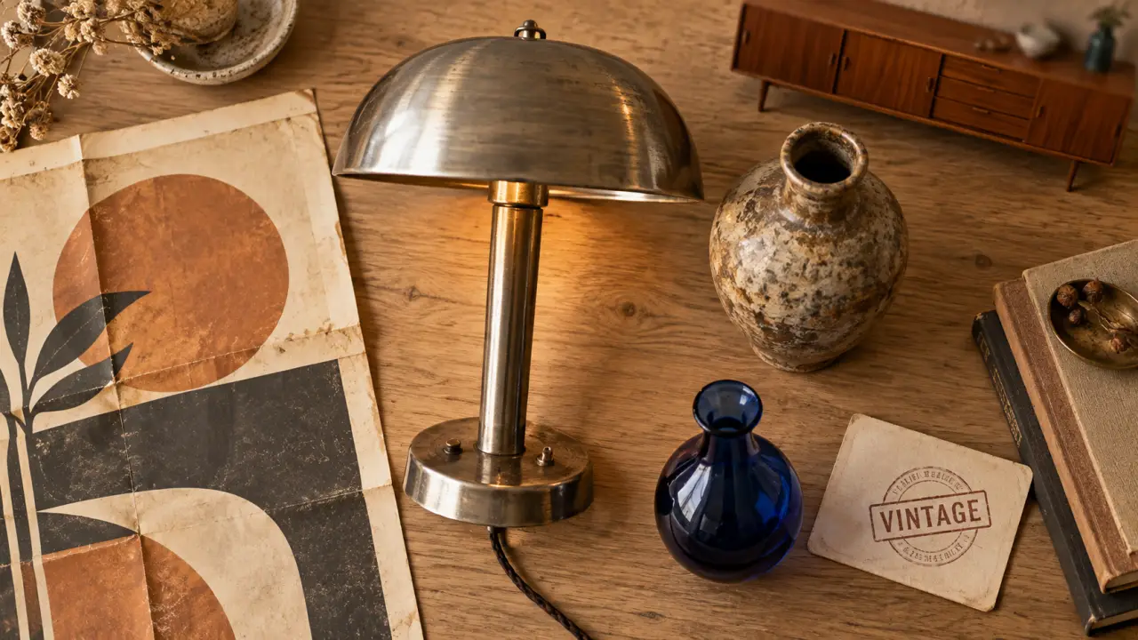 Objet vintage : lampe et vase anciens sur table en bois