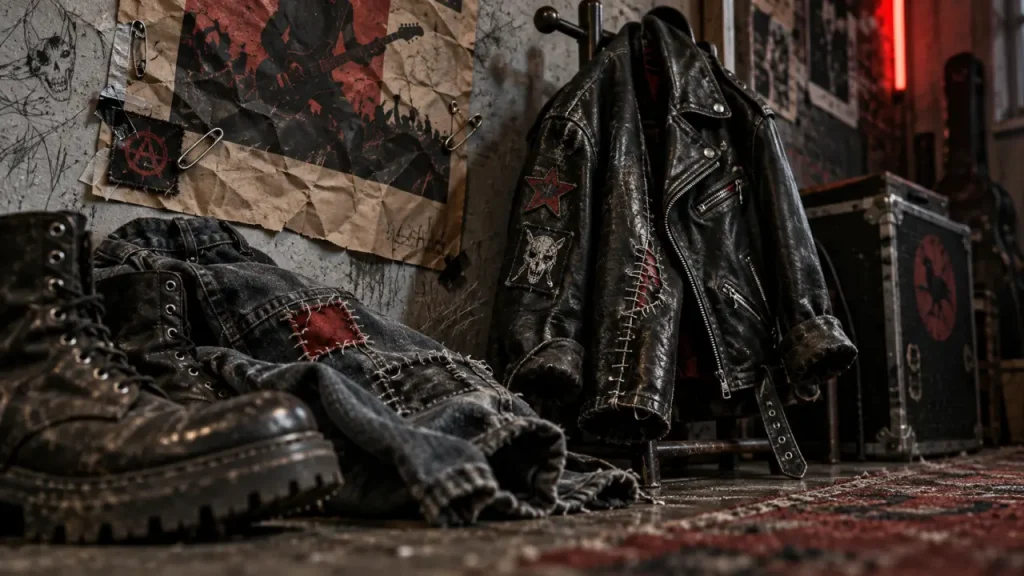 Punk style vestimentaire : perfecto cuir patiné, jeans rapiécés, patchs et badges