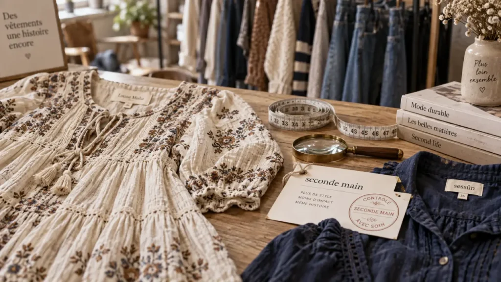 Sessùn seconde main : robe et chemisier sur table, pièces intemporelles