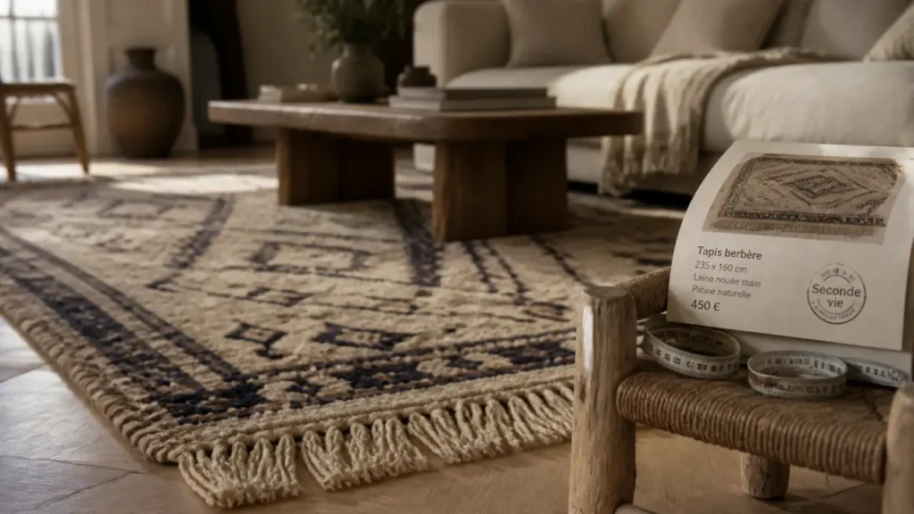 Tapis seconde main sur parquet clair, détails et patine légère