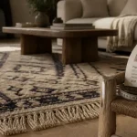 Tapis seconde main sur parquet clair, détails et patine légère
