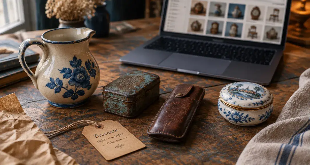 brocante en ligne anne-catherine : objets de brocante sur table, Paris et Londres