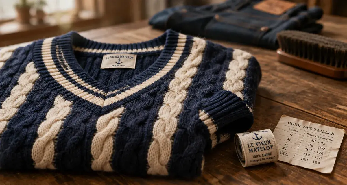 Pull vintage maille torsadée marine et écrue, col V