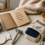 Salle de bain zéro déchet avec savon solide, lingettes lavables et rasoir de sûreté
