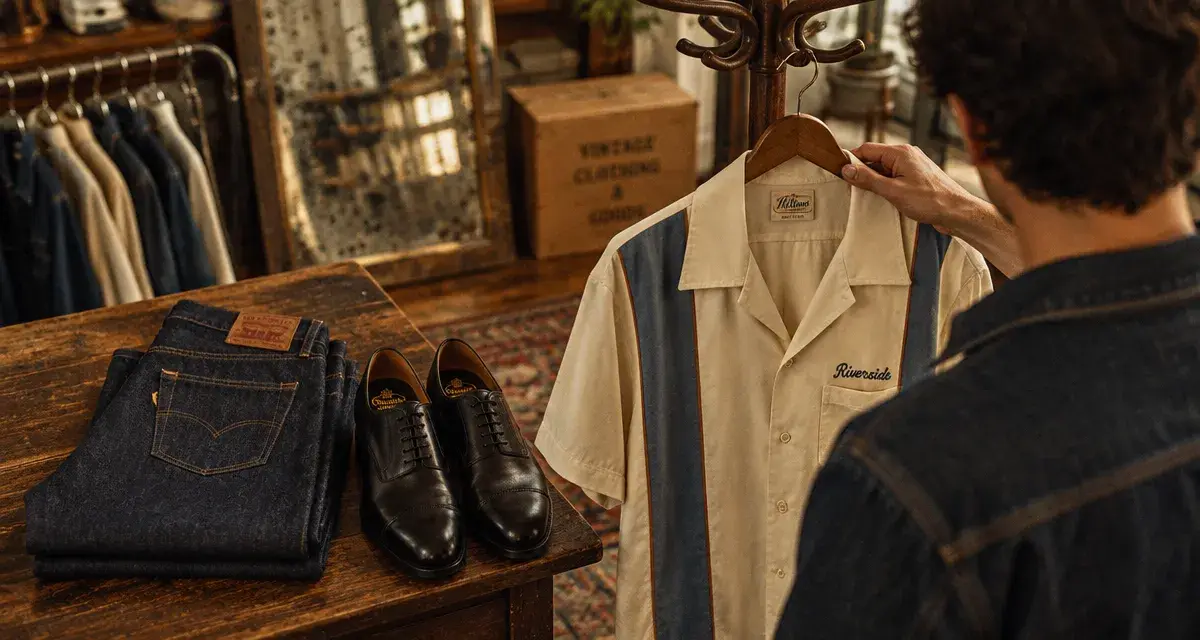 Vintage vêtements homme : chemise bowling et jean dans une boutique vintage
